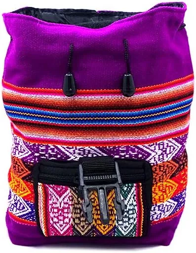 Mia Jewel Shop Mini Multicolored Peruvian Tribal Print Striped Pattern Lightweight Drawstring Backpack - Handmade Bags Boho Accessories (Purple)