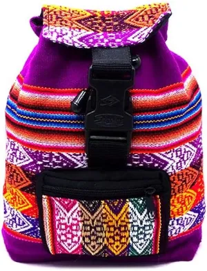 Mia Jewel Shop Mini Multicolored Peruvian Tribal Print Striped Pattern Lightweight Drawstring Backpack - Handmade Bags Boho Accessories (Purple)