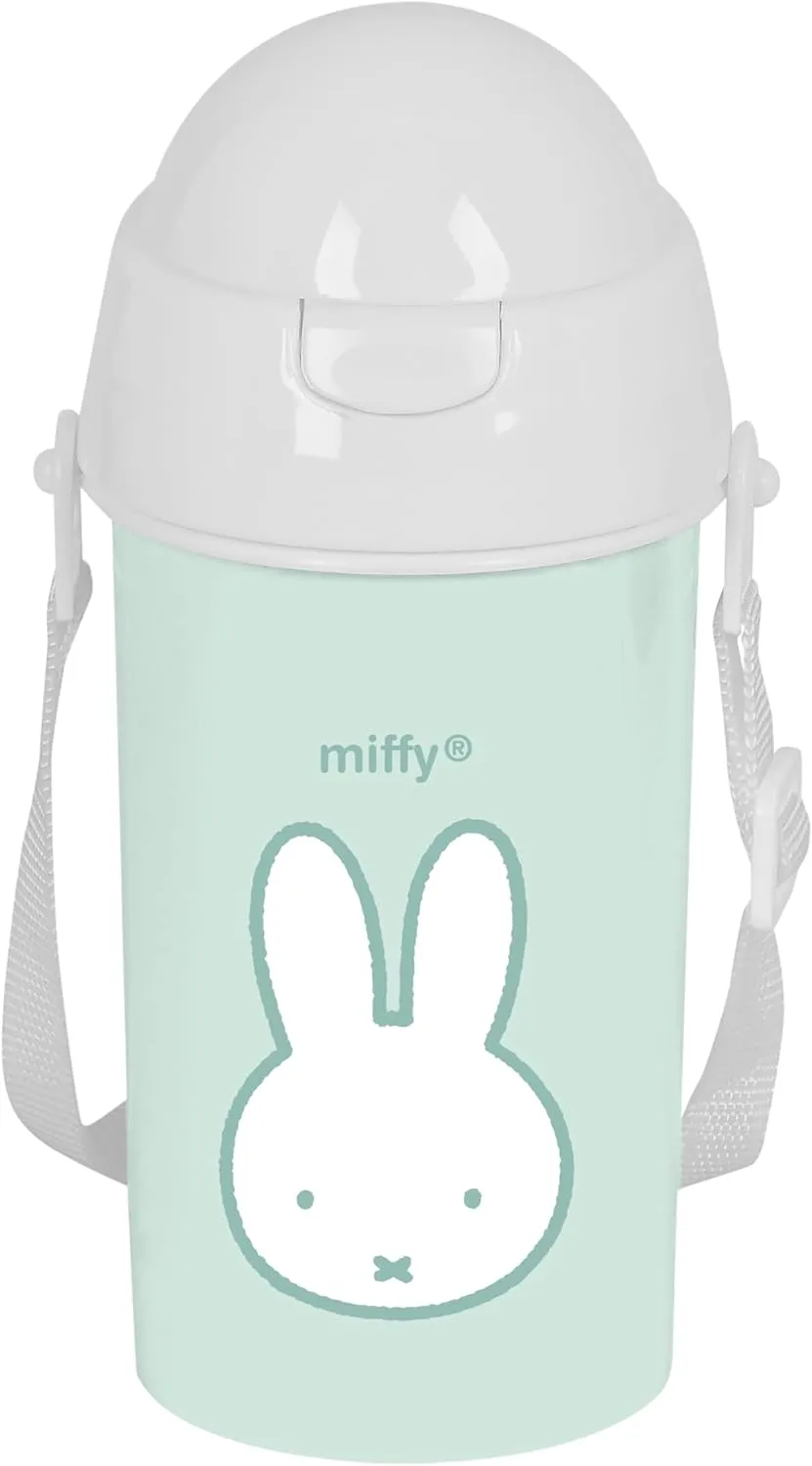 Miffy Menta Self-Opening Water Bottle with Straw, BPA Free, with Shoulder Bag, Comfortable and Lightweight, 500ml, 7.3 x 19.5 cm, Mint Green, Mint Green, Estándar, Casual, Mint Green, 1000 ml,