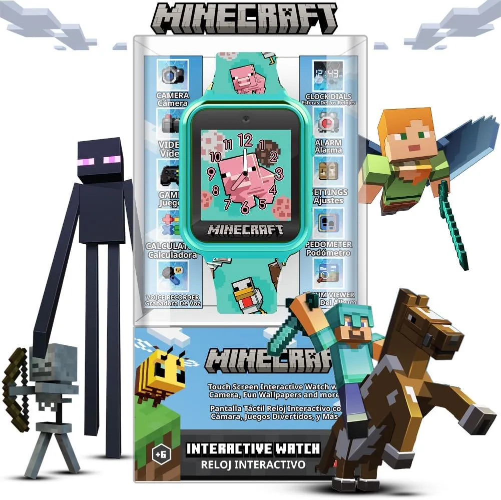Minecraft Kids Smart Watch with Touchscreen Display, 10 Watch Faces, Games, Camera, Alarm, Timer, Step Counter & Calculator – Fun Interactive Learning Watch for Boys & Girls, Fits Wrist Sizes 5.5"-8"