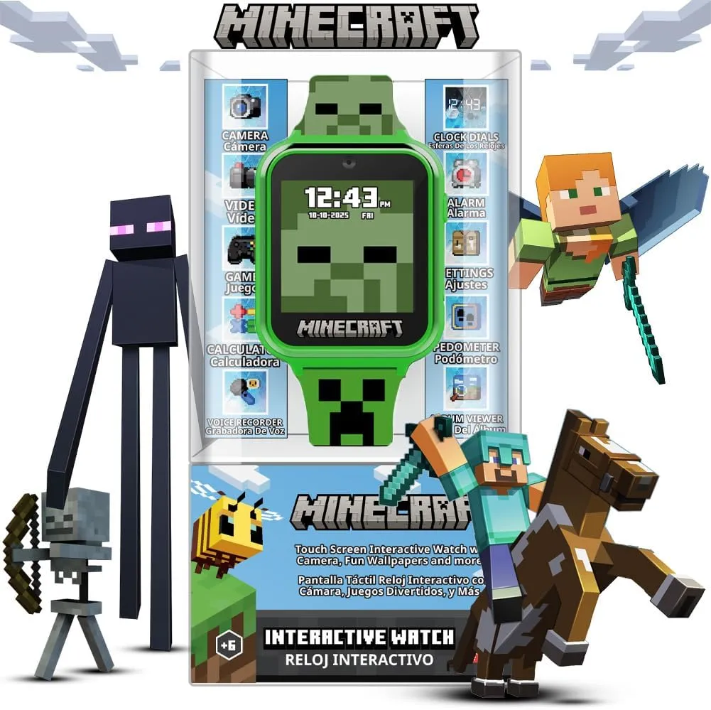 Minecraft Kids Smartwatch - Interactive LED Screen Watch with 10 Custom Watch Faces, Games, Camera, Alarm, Step Tracker & More - Fun Tech Gift for Boys and Girls - Fits Wrists 5.5'' to 8.0"