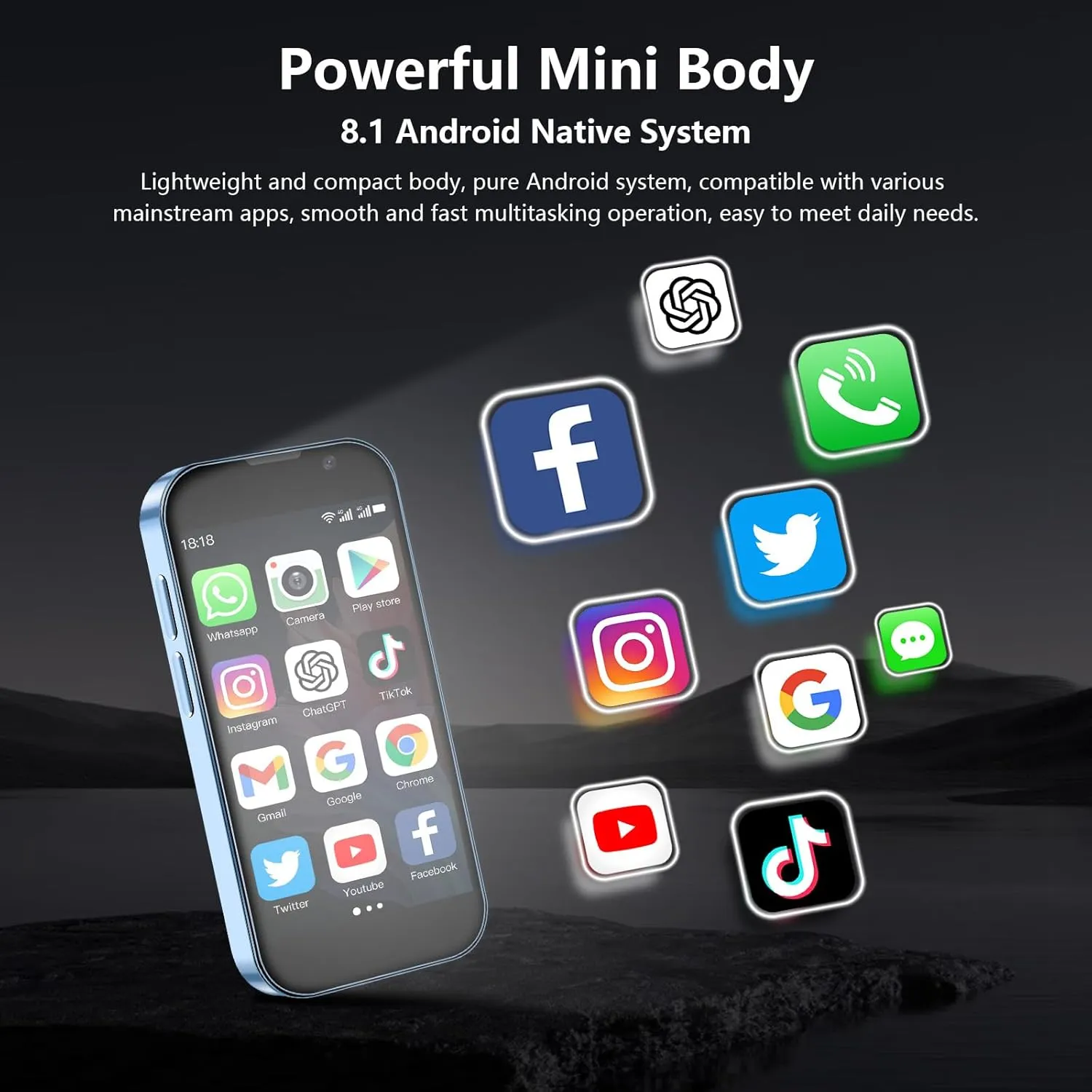 Mini Phone World's Smallest 3.0" HD Touch Screen Mini Smartphone Unlocked Android Compact Mobile Phone for Kids &Students Cell Phone wih Quad-Core Dual SLM Face lD2GB 16GB Blue