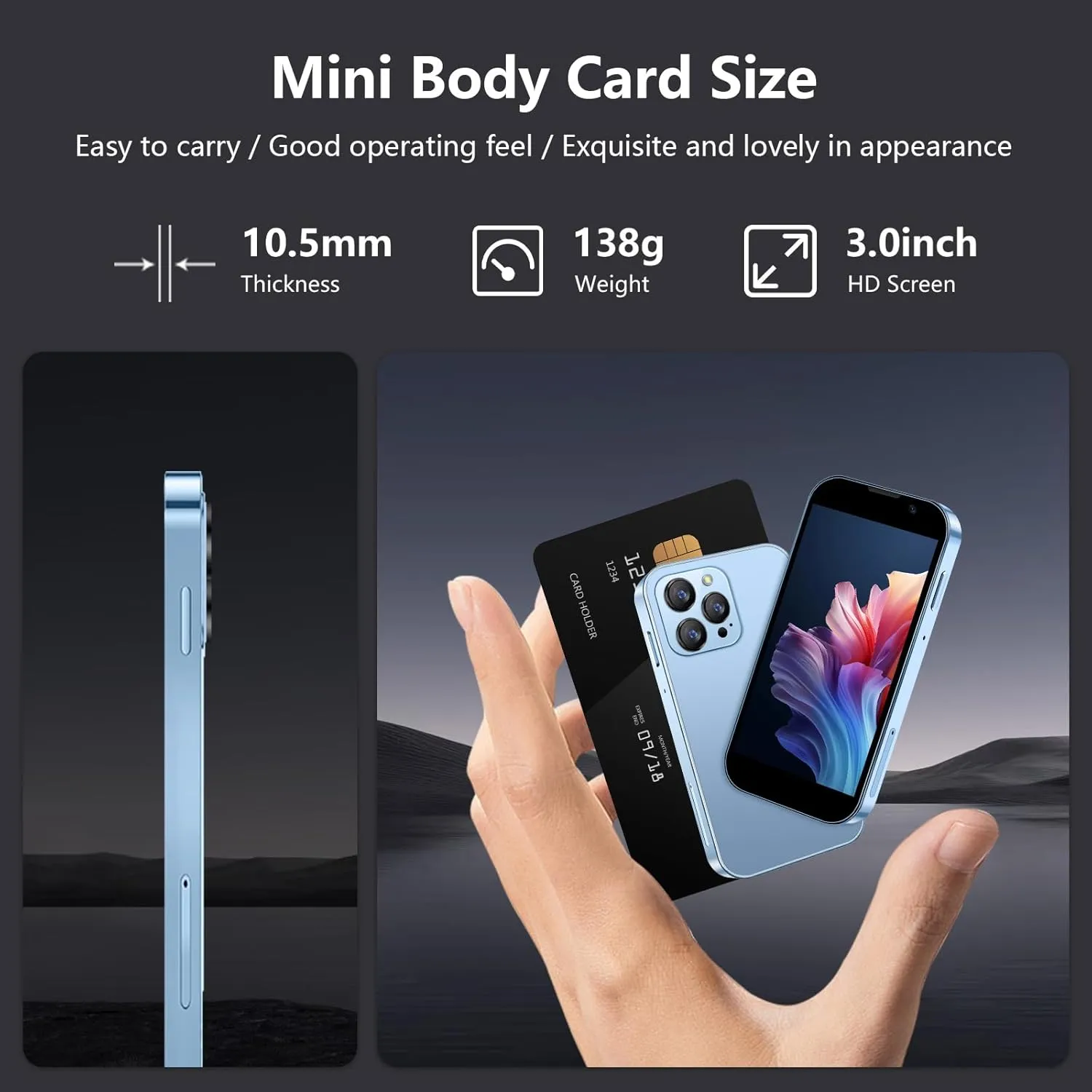 Mini Phone World's Smallest 3.0" HD Touch Screen Mini Smartphone Unlocked Android Compact Mobile Phone for Kids &Students Cell Phone wih Quad-Core Dual SLM Face lD2GB 16GB Blue