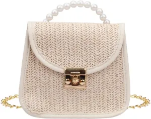 Mini Straw Bag for Girls, Summer Woven Crossbody Shoulder Bag for Women, Small Pearl Top Handle Handbag Flap Purse
