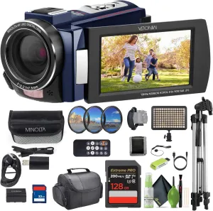 Minolta MN4K25NV 4K Ultra HD 30 Mega Pixels Night Digital Vision Video Camcorder (Blue) Bundle with 128GB Memory Card   Camera Tripod   LED Light   More Accessories