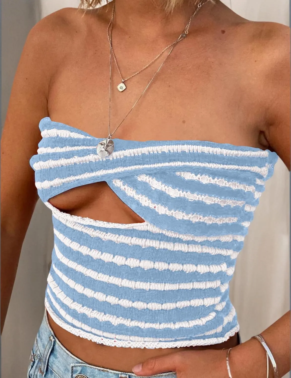 MISSACTIVER Women Striped Knit Bandeau Top Sexy Strapless Sleeveless Twist Front Hollow Out Backless Tube Crop Top Party
