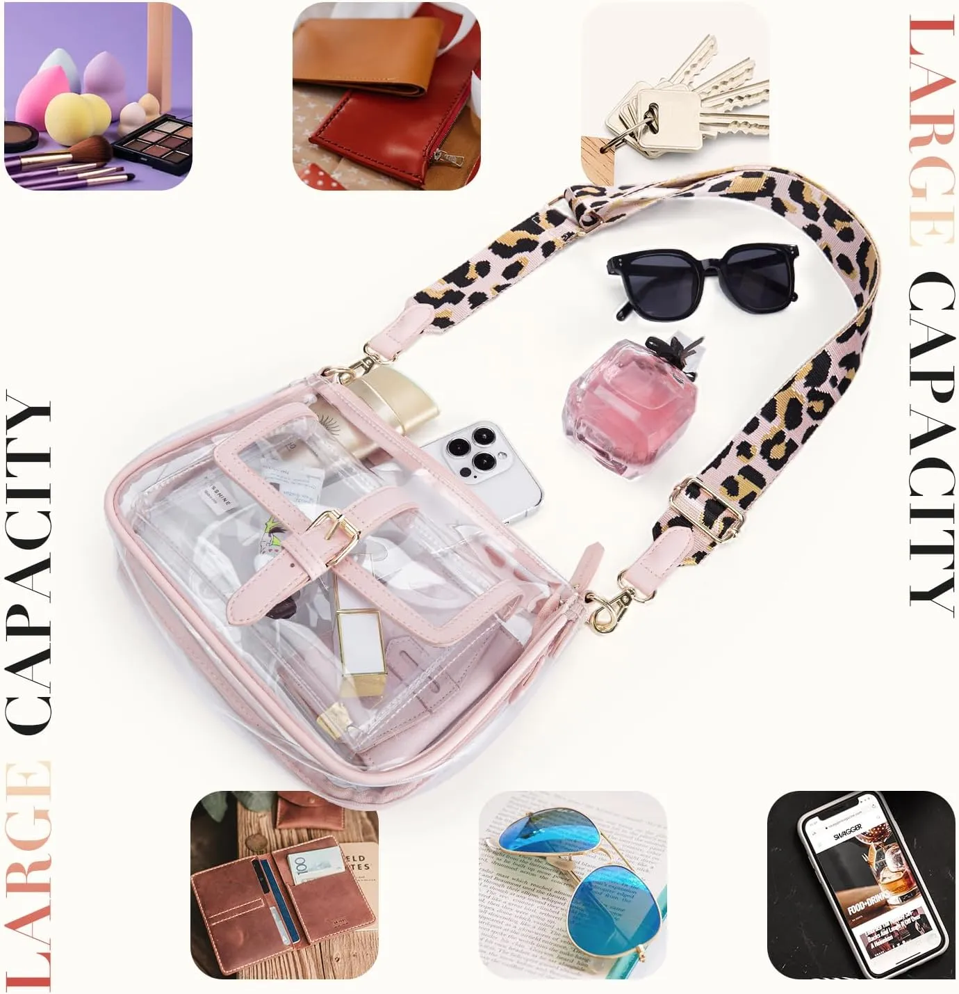 Missnine Clear Bag Stadium Approved PVC Crossbody Purse for Women Transparent Shoulder Concert Bag with Guitar Strap