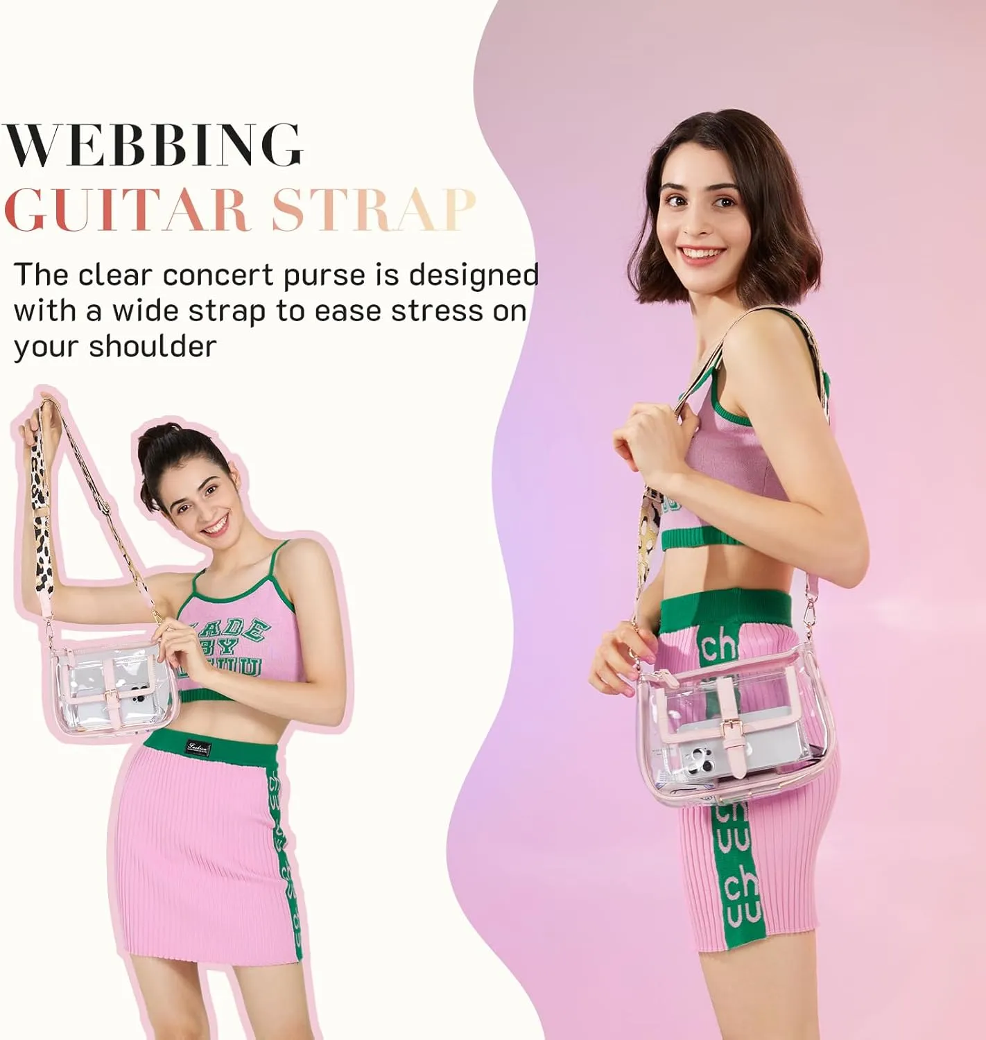 Missnine Clear Bag Stadium Approved PVC Crossbody Purse for Women Transparent Shoulder Concert Bag with Guitar Strap