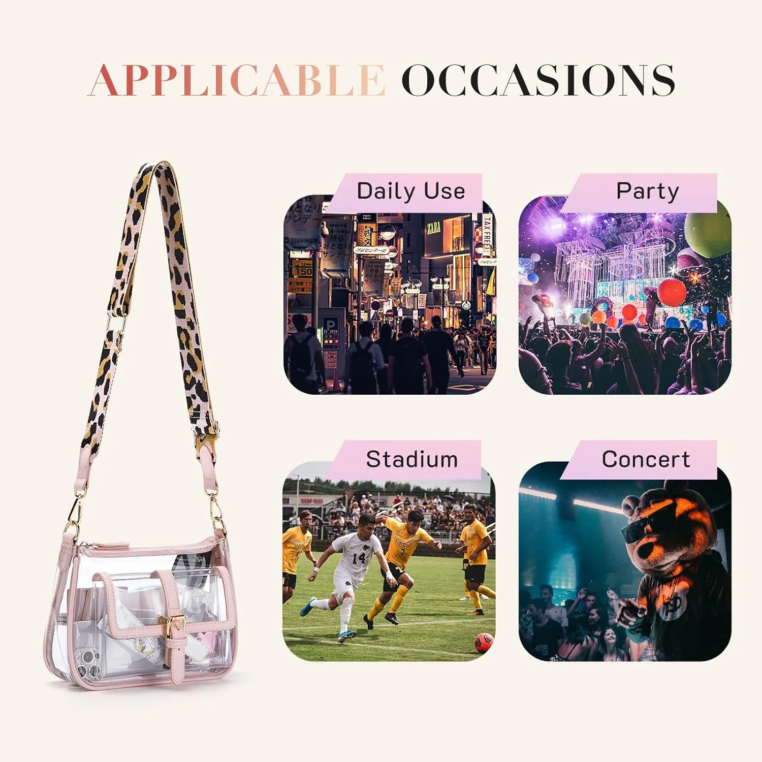 Missnine Clear Bag Stadium Approved PVC Crossbody Purse for Women Transparent Shoulder Concert Bag with Guitar Strap