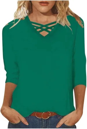 Miyaomn Women's 3/4 Sleeve T-Shirts Crisscross V Neck Solid Color Casual Blouse Slim Fit Lightweight Summer Autumn Basic Tops