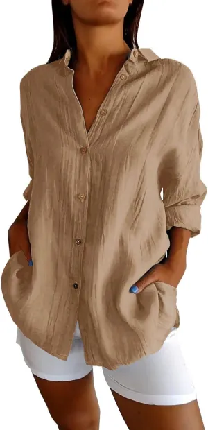 Miyaomn Womens Button Down Dress Shirts Cotton Linen Long Sleeve Collared Blouse Lightweight Slim Fit Solid V Neck Casual Top