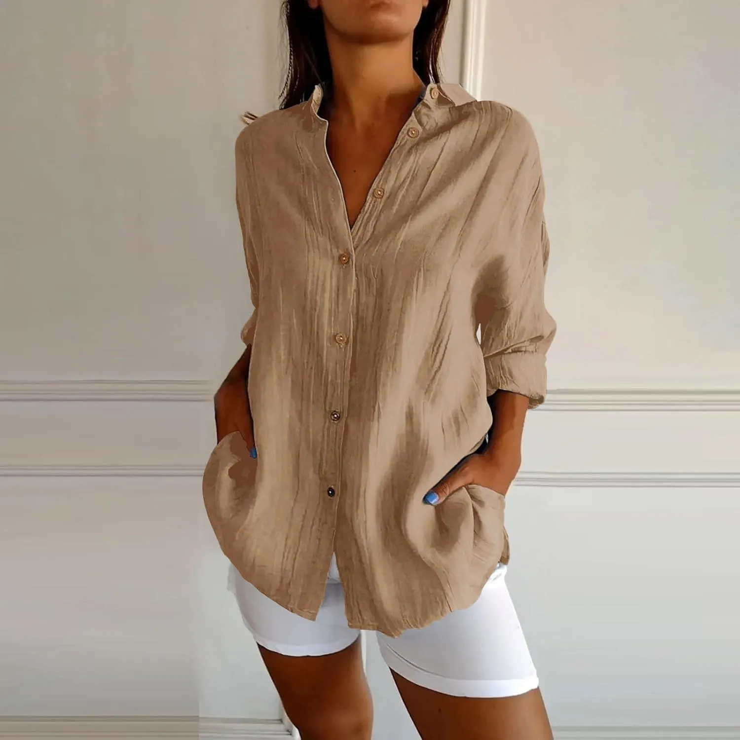 Miyaomn Womens Button Down Dress Shirts Cotton Linen Long Sleeve Collared Blouse Lightweight Slim Fit Solid V Neck Casual Top
