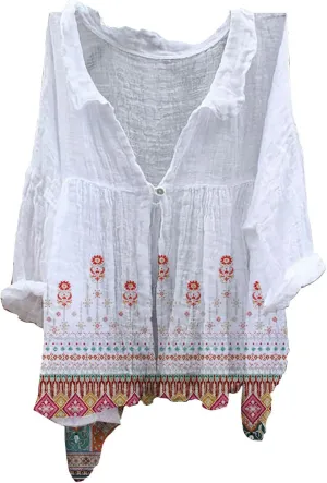 Miyaomn Women's Cotton Linen Blouse Shirt Boho Floral Print Button Down Long Sleeve V Neck Spring Fall Casual Loose Tunic Top