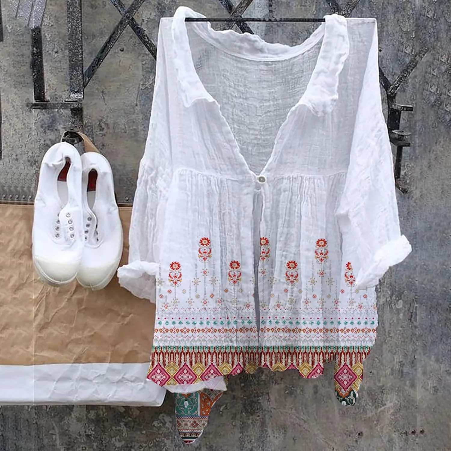 Miyaomn Women's Cotton Linen Blouse Shirt Boho Floral Print Button Down Long Sleeve V Neck Spring Fall Casual Loose Tunic Top