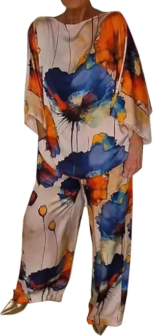 Miyaomn Women's Fashion Outfits 2 Piece Painting Print Sets Oversized Casual Batwing Sleeve Crewneck Top and Long Pants Suits