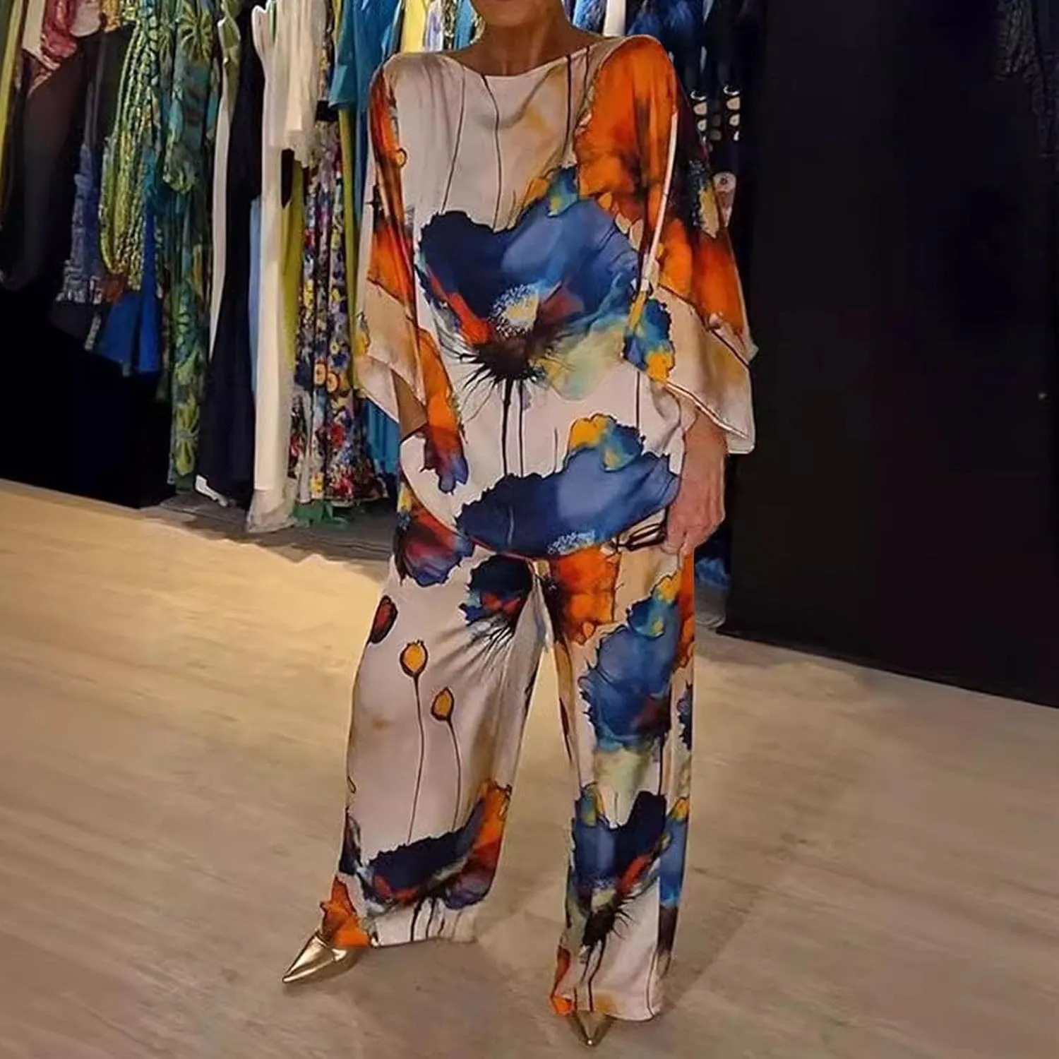 Miyaomn Women's Fashion Outfits 2 Piece Painting Print Sets Oversized Casual Batwing Sleeve Crewneck Top and Long Pants Suits