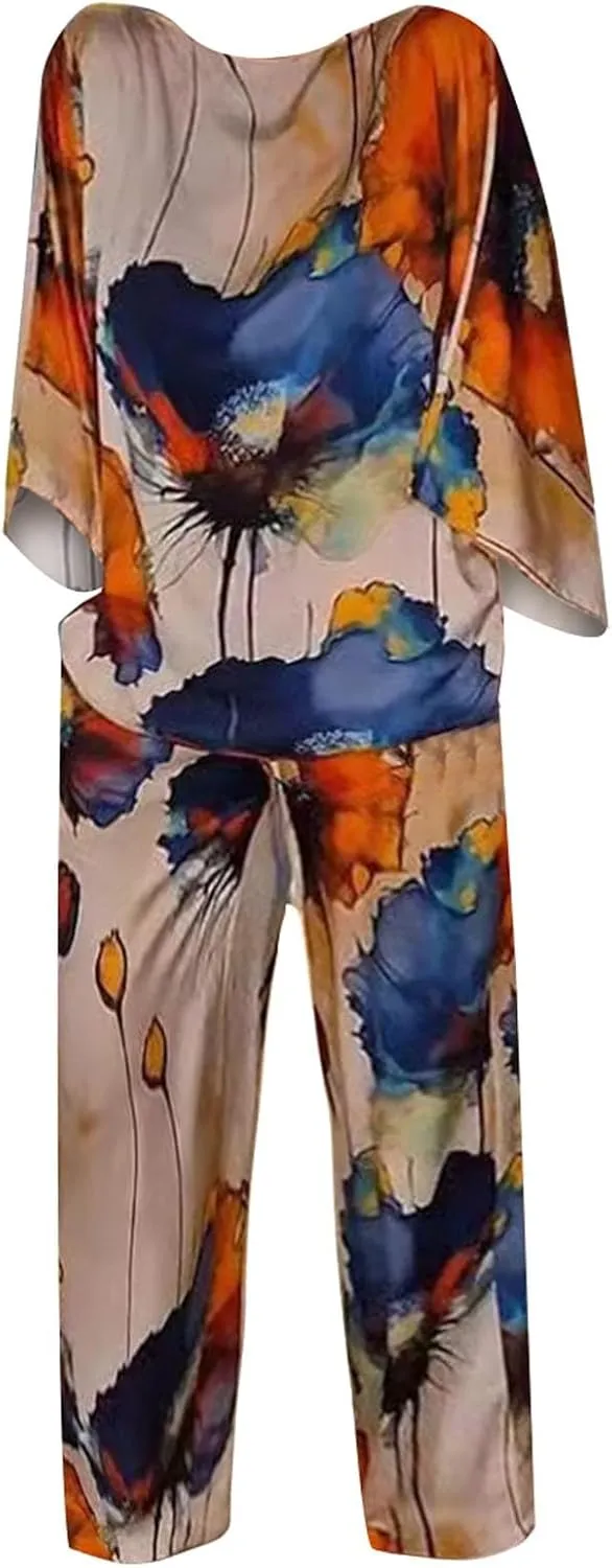 Miyaomn Women's Fashion Outfits 2 Piece Painting Print Sets Oversized Casual Batwing Sleeve Crewneck Top and Long Pants Suits