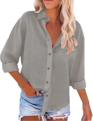 Miyaomn Women's Linen Button Down Shirts Casual Solid Long Sleeve Dress Shirt Spring Fall Loose Fit V Neck Lapel Blouses Tops