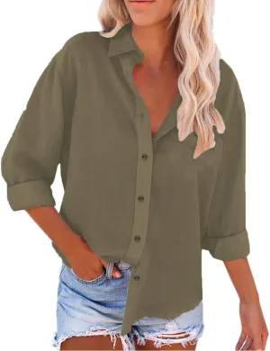 Miyaomn Women's Linen Button Down Shirts Casual Solid Long Sleeve Dress Shirt Spring Fall Loose Fit V Neck Lapel Blouses Tops