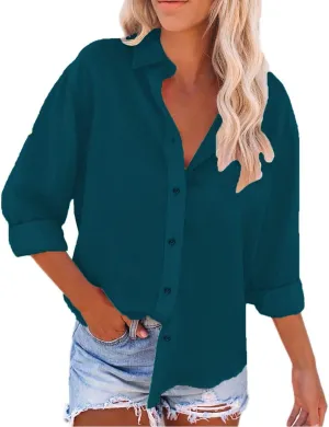 Miyaomn Women's Linen Button Down Shirts Casual Solid Long Sleeve Dress Shirt Spring Fall Loose Fit V Neck Lapel Blouses Tops