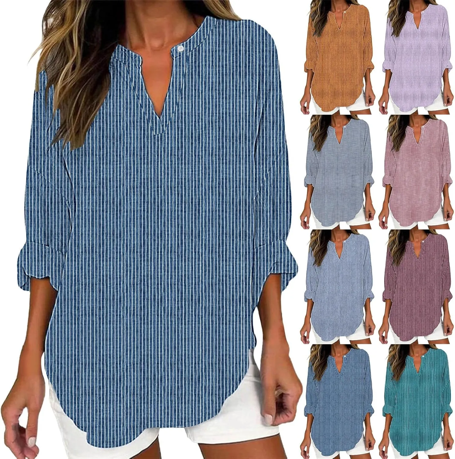 Miyaomn Women's Long Sleeve Striped Print T Shirts V Neck Drop Shoulder Henley Shirt Casual Loose Fit Spring Fall Blouse Tops