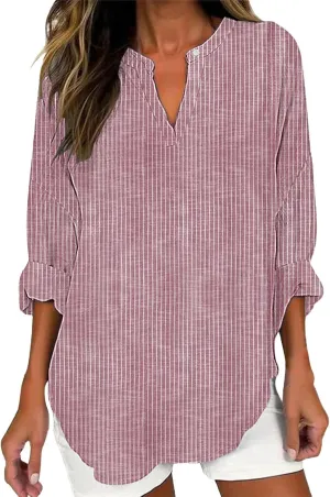 Miyaomn Women's Long Sleeve Striped Print T Shirts V Neck Drop Shoulder Henley Shirt Casual Loose Fit Spring Fall Blouse Tops