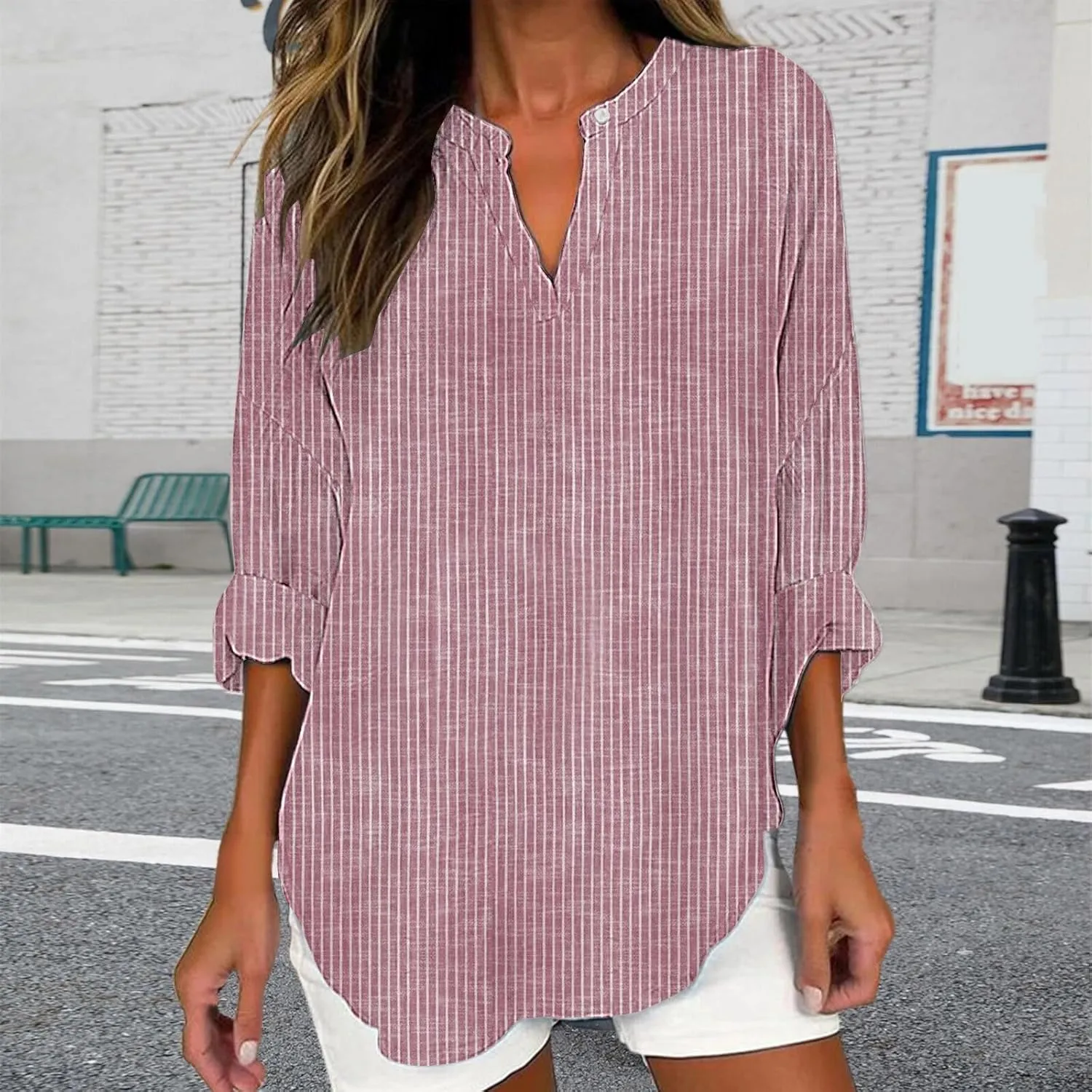 Miyaomn Women's Long Sleeve Striped Print T Shirts V Neck Drop Shoulder Henley Shirt Casual Loose Fit Spring Fall Blouse Tops