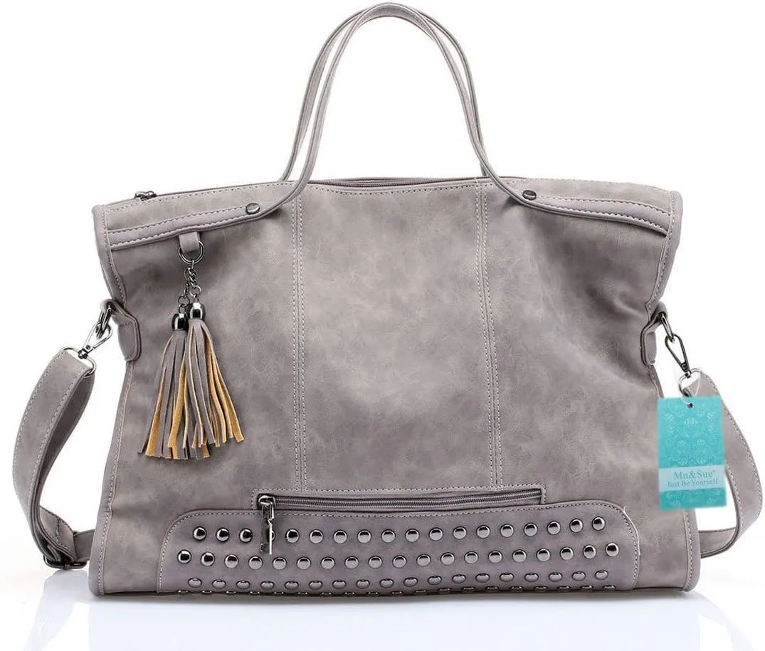 Mn&Sue Punk Motorcycle Style Rivet Studded PU Leather Women Handbags Ladies Top Handle Satchel Large Tote Bag Crossbody Bags