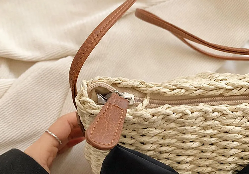 Molodo Straw Purse Women Vintage Handwoven Straw Crossbody Bag Stylish Bow Knot Straw Shoulder Bag