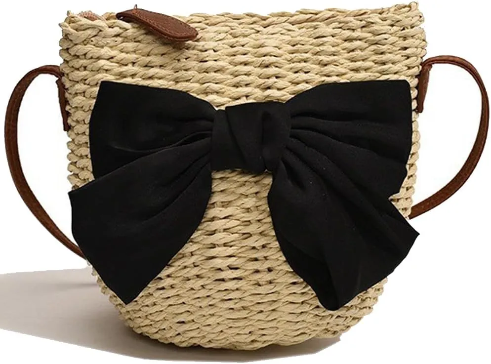 Molodo Straw Purse Women Vintage Handwoven Straw Crossbody Bag Stylish Bow Knot Straw Shoulder Bag