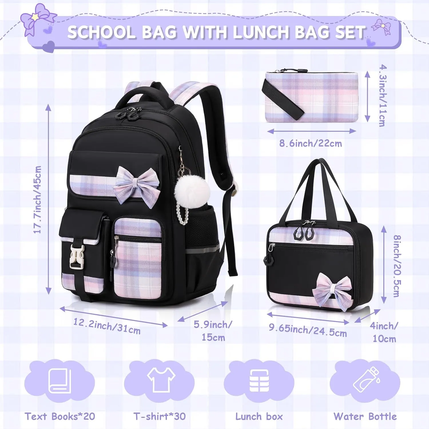 MOONBABY Girls Backpack, Kids Backpack for Girls School Bags with Lunch Bag & Pen Case, Bow Plaid Book Bag for Elementary Middle Primary High School College,Black-3pcs