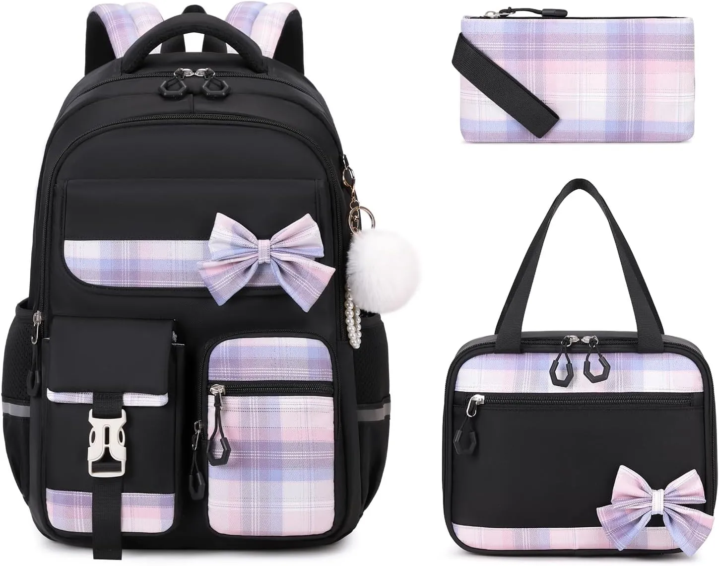 MOONBABY Girls Backpack, Kids Backpack for Girls School Bags with Lunch Bag & Pen Case, Bow Plaid Book Bag for Elementary Middle Primary High School College,Black-3pcs