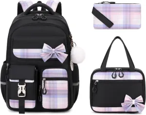 MOONBABY Girls Backpack, Kids Backpack for Girls School Bags with Lunch Bag & Pen Case, Bow Plaid Book Bag for Elementary Middle Primary High School College,Black-3pcs
