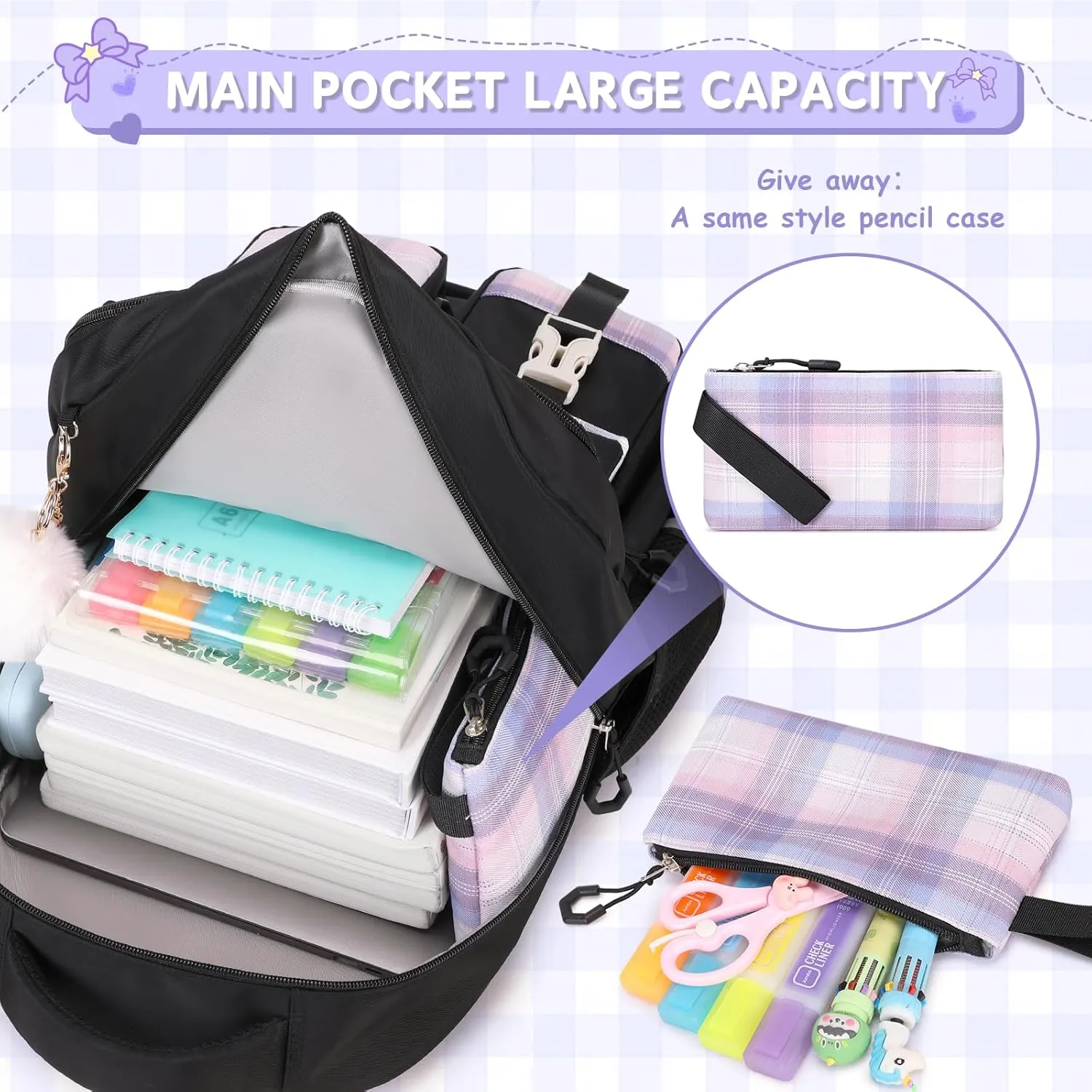 MOONBABY Girls Backpack, Kids Backpack for Girls School Bags with Lunch Bag & Pen Case, Bow Plaid Book Bag for Elementary Middle Primary High School College,Black-3pcs