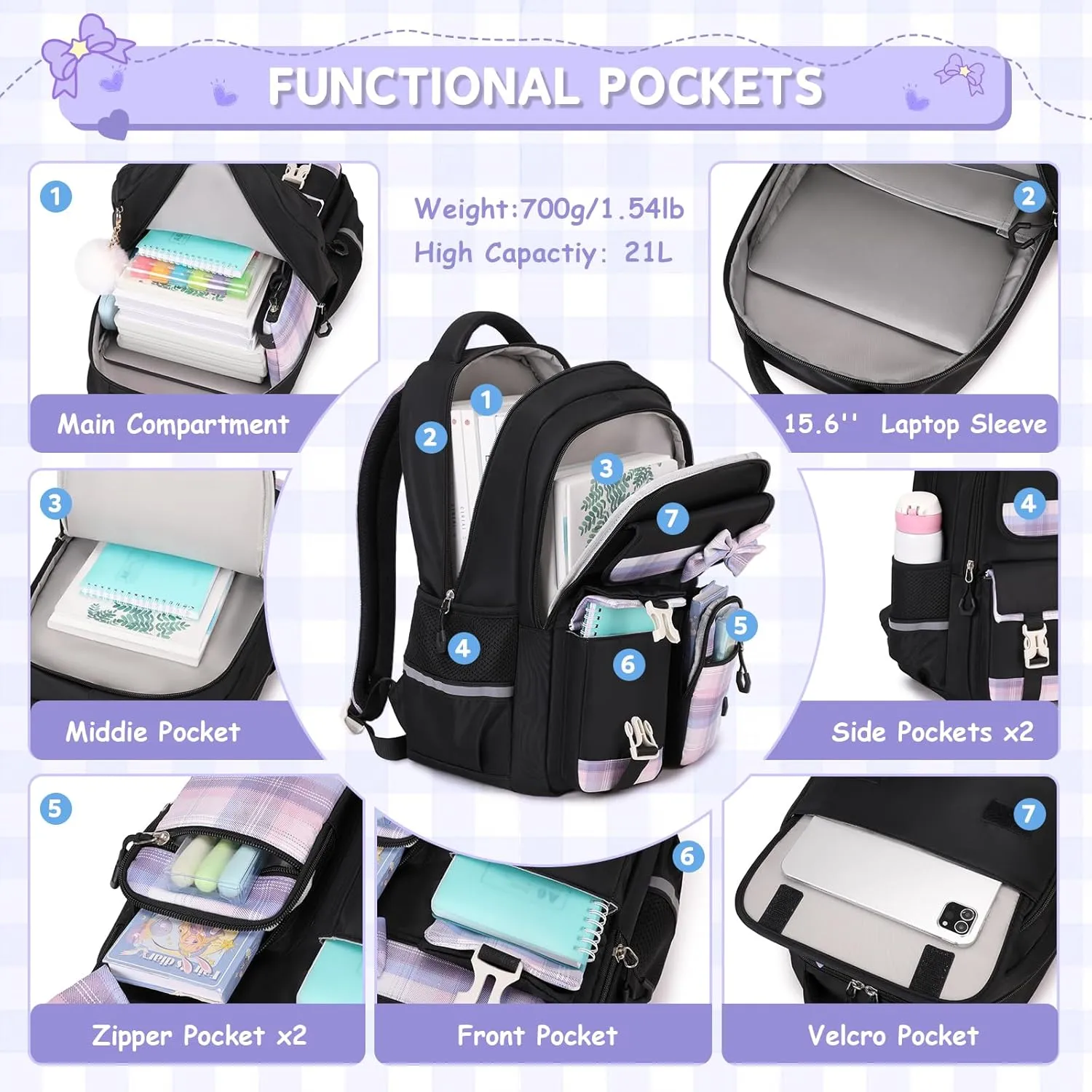 MOONBABY Girls Backpack, Kids Backpack for Girls School Bags with Lunch Bag & Pen Case, Bow Plaid Book Bag for Elementary Middle Primary High School College,Black-3pcs