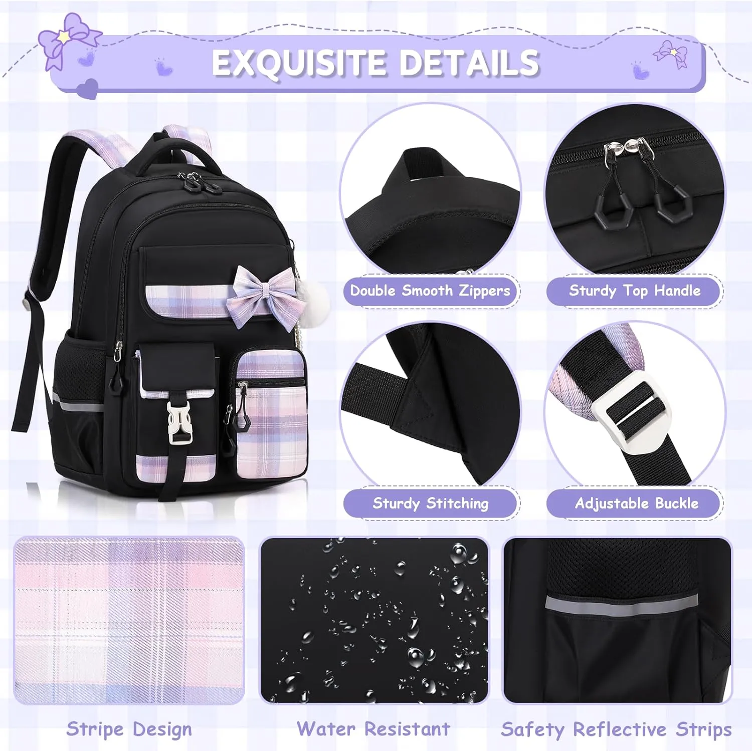 MOONBABY Girls Backpack, Kids Backpack for Girls School Bags with Lunch Bag & Pen Case, Bow Plaid Book Bag for Elementary Middle Primary High School College,Black-3pcs