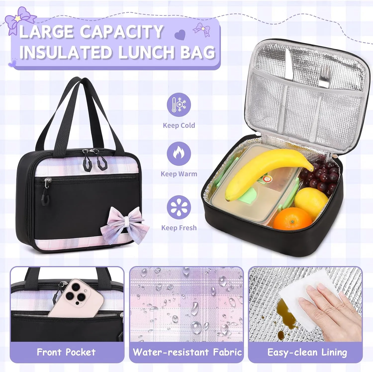 MOONBABY Girls Backpack, Kids Backpack for Girls School Bags with Lunch Bag & Pen Case, Bow Plaid Book Bag for Elementary Middle Primary High School College,Black-3pcs