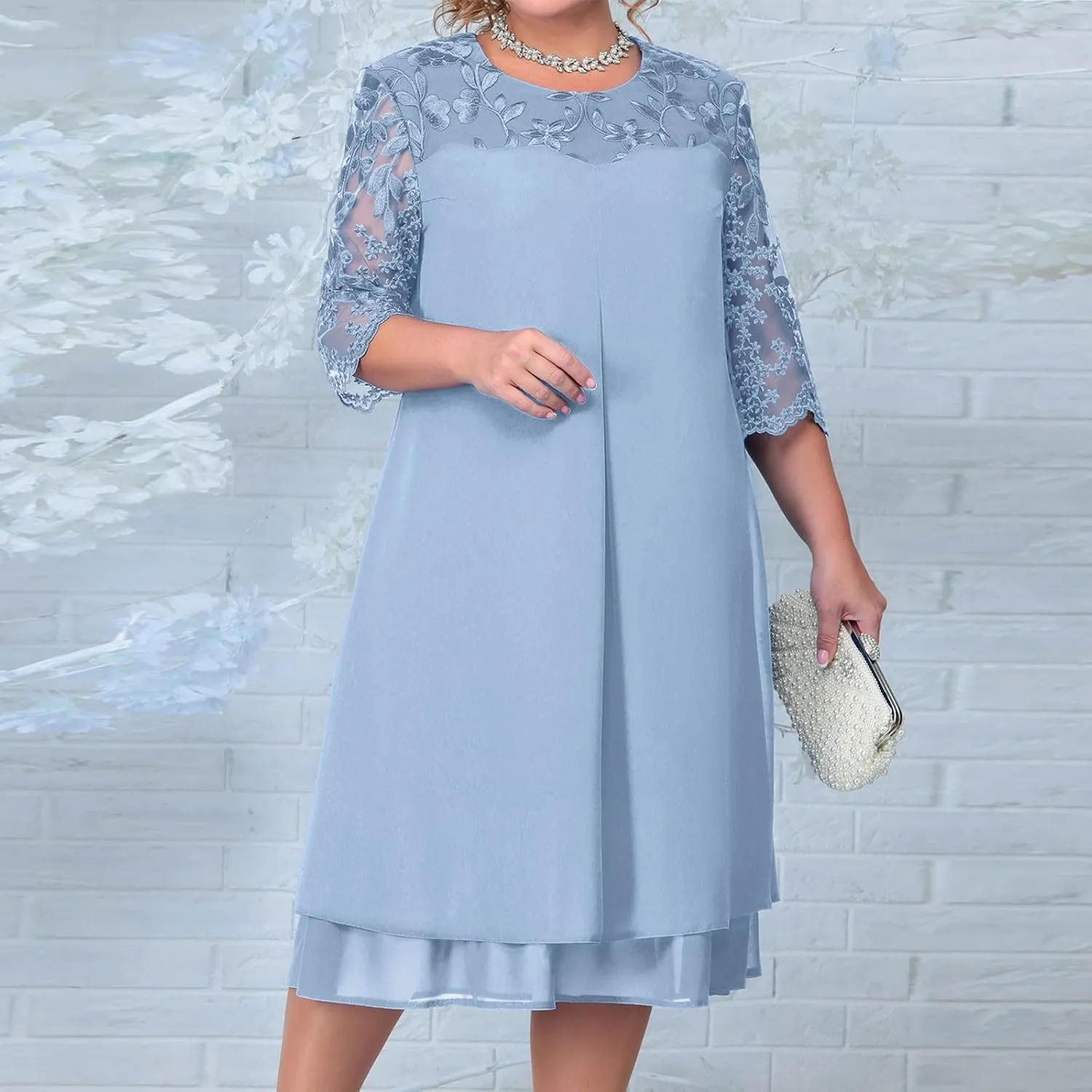 Mother of The Bride Dresses for Wedding Cocktail Midi Plus Size Dress Curvy Women Elegant Lace Formal Evening Party