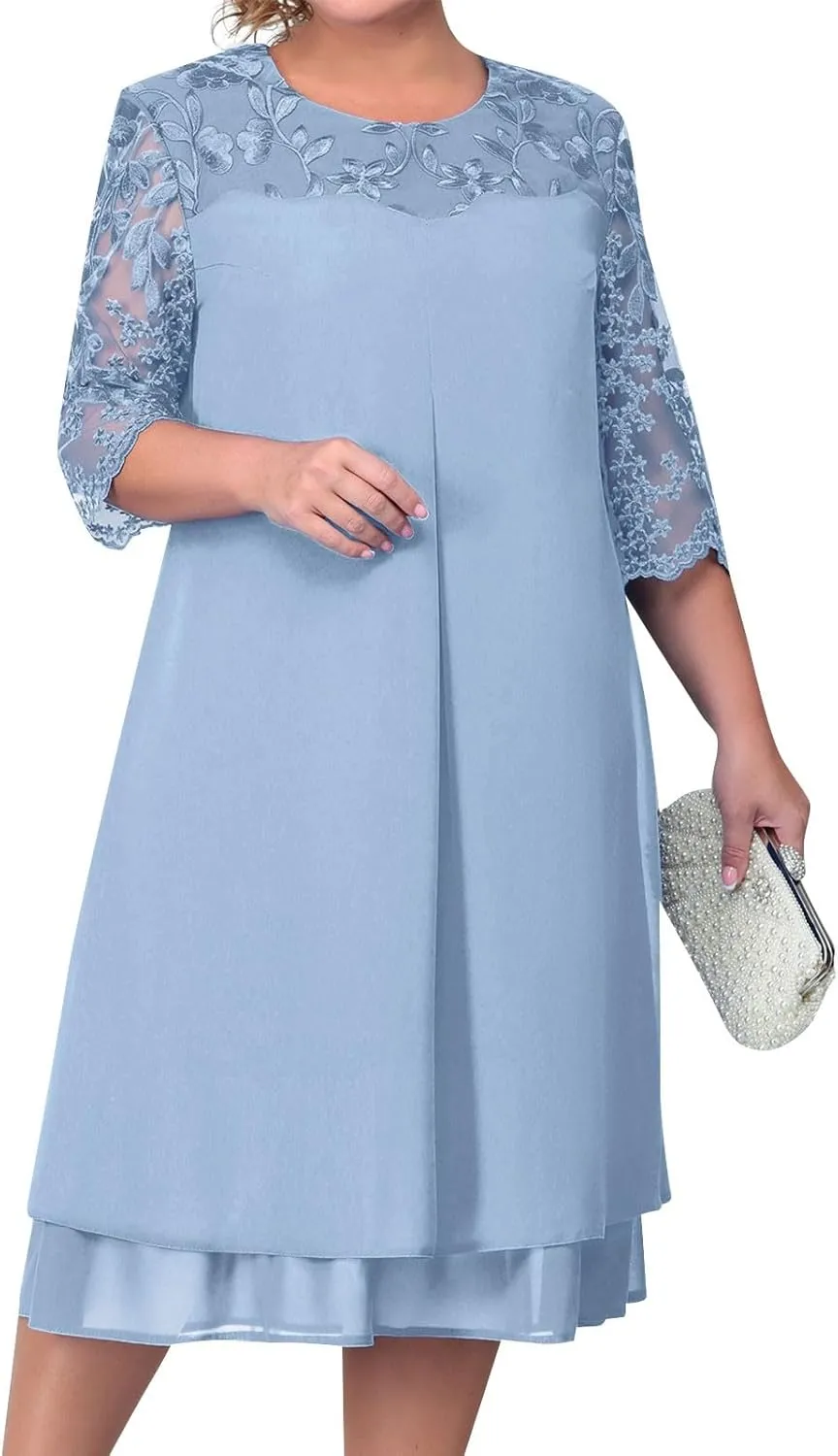 Mother of The Bride Dresses for Wedding Cocktail Midi Plus Size Dress Curvy Women Elegant Lace Formal Evening Party