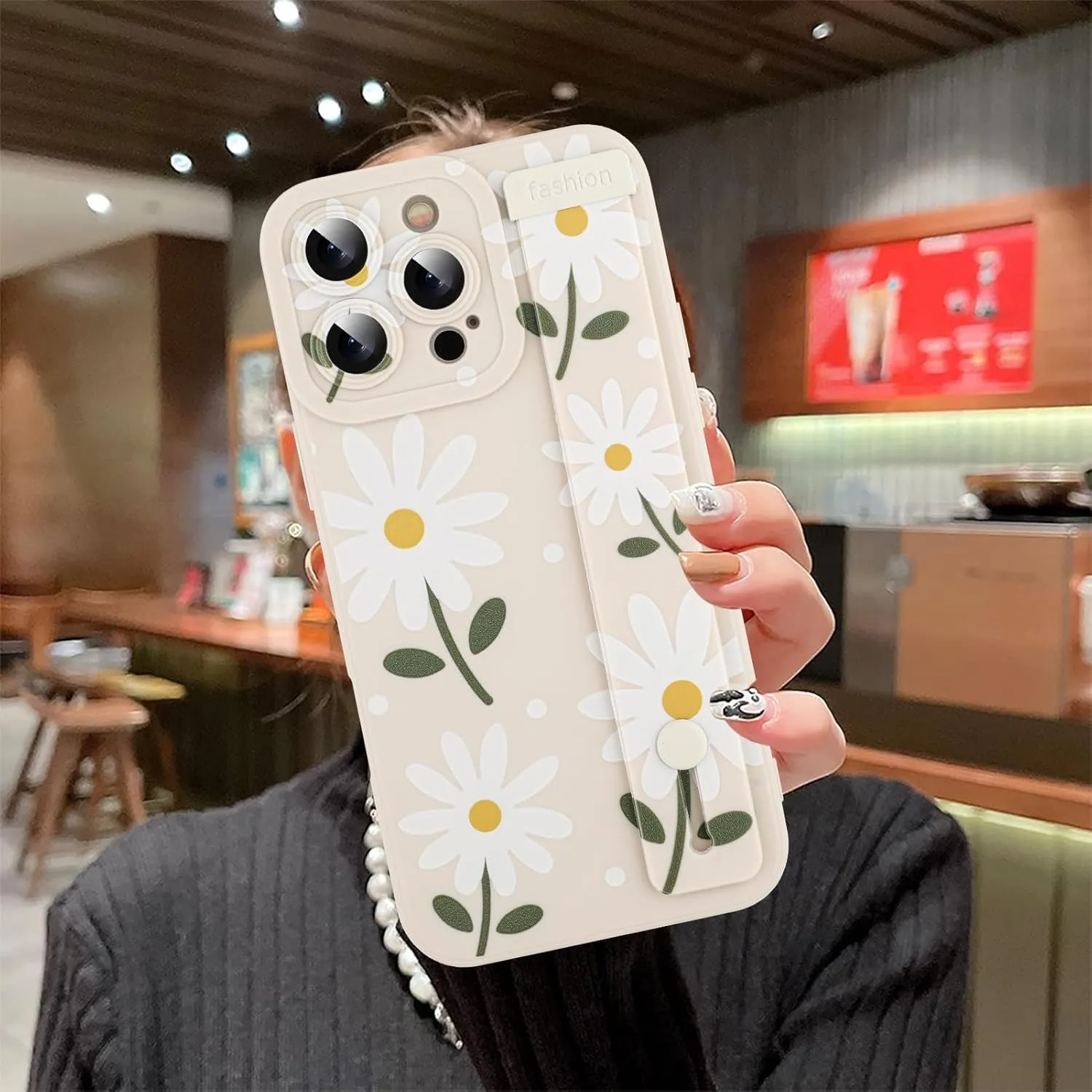 MOWIME Compatible with iPhone 16 Pro Max Case with Wrist Strap, Cute Daisy Floral Shockproof Soft TPU Protective Cover for Women Girls, Slim Anti Scratch Case for iPhone 16 Pro Max 6.9 Inch, White