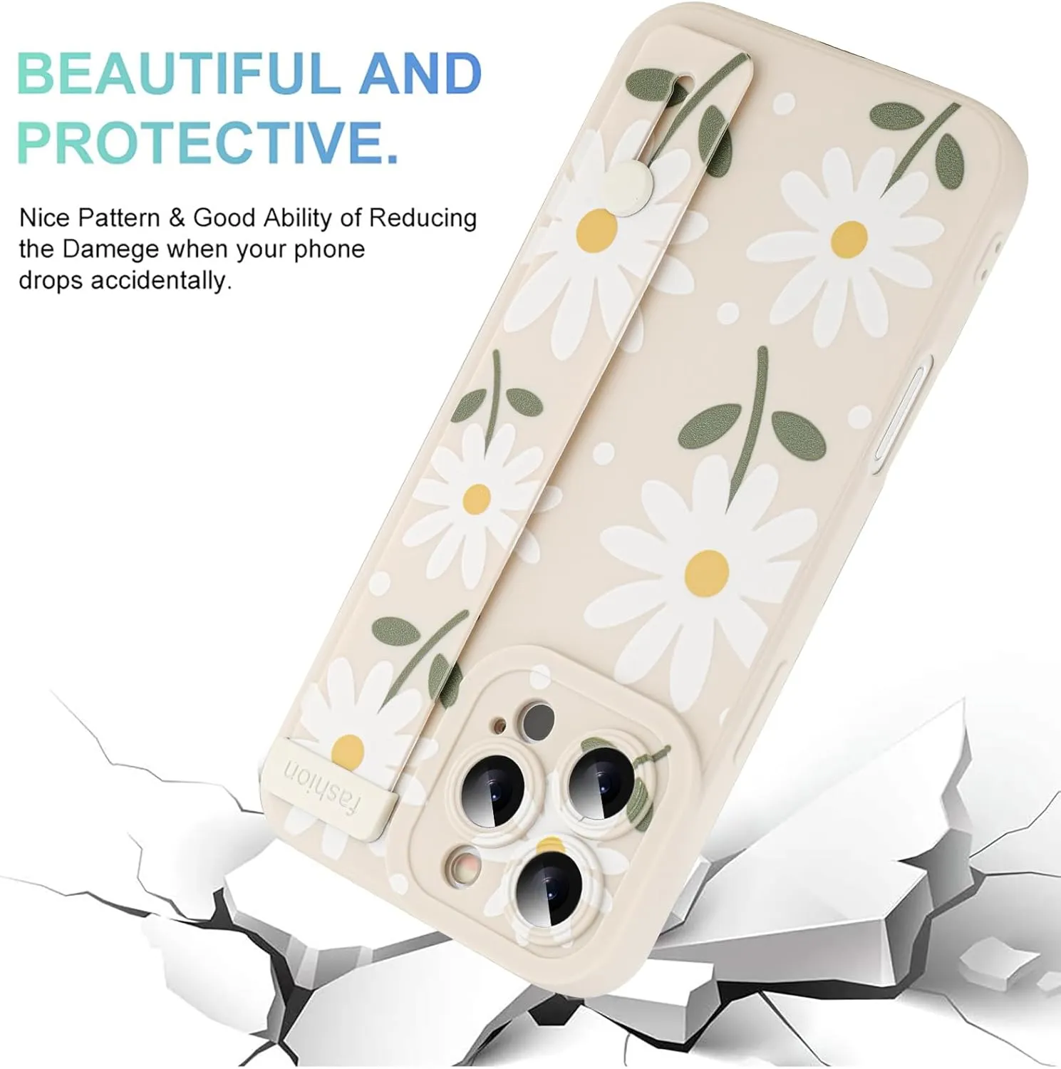 MOWIME Compatible with iPhone 16 Pro Max Case with Wrist Strap, Cute Daisy Floral Shockproof Soft TPU Protective Cover for Women Girls, Slim Anti Scratch Case for iPhone 16 Pro Max 6.9 Inch, White