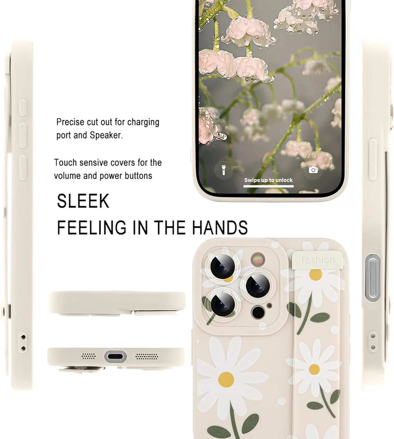 MOWIME Compatible with iPhone 16 Pro Max Case with Wrist Strap, Cute Daisy Floral Shockproof Soft TPU Protective Cover for Women Girls, Slim Anti Scratch Case for iPhone 16 Pro Max 6.9 Inch, White