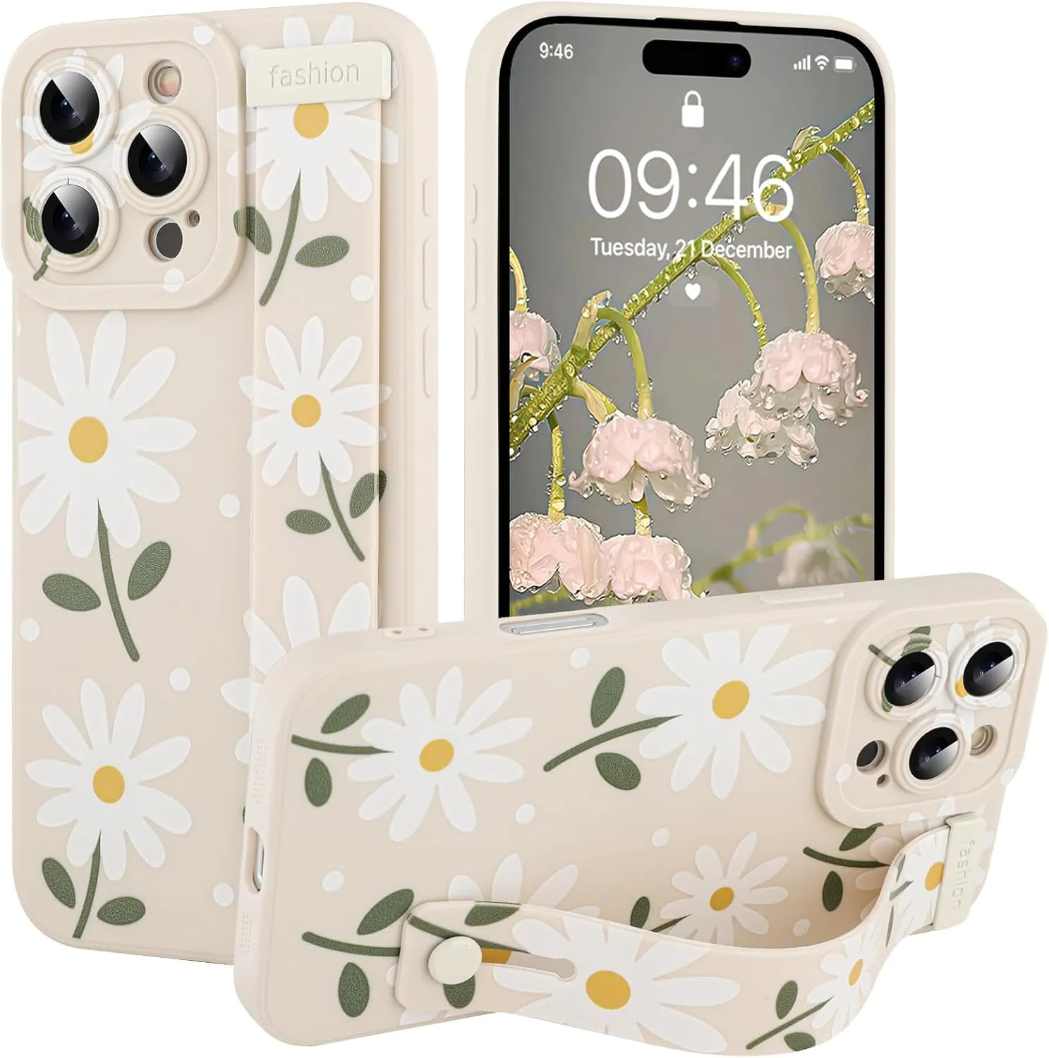 MOWIME Compatible with iPhone 16 Pro Max Case with Wrist Strap, Cute Daisy Floral Shockproof Soft TPU Protective Cover for Women Girls, Slim Anti Scratch Case for iPhone 16 Pro Max 6.9 Inch, White