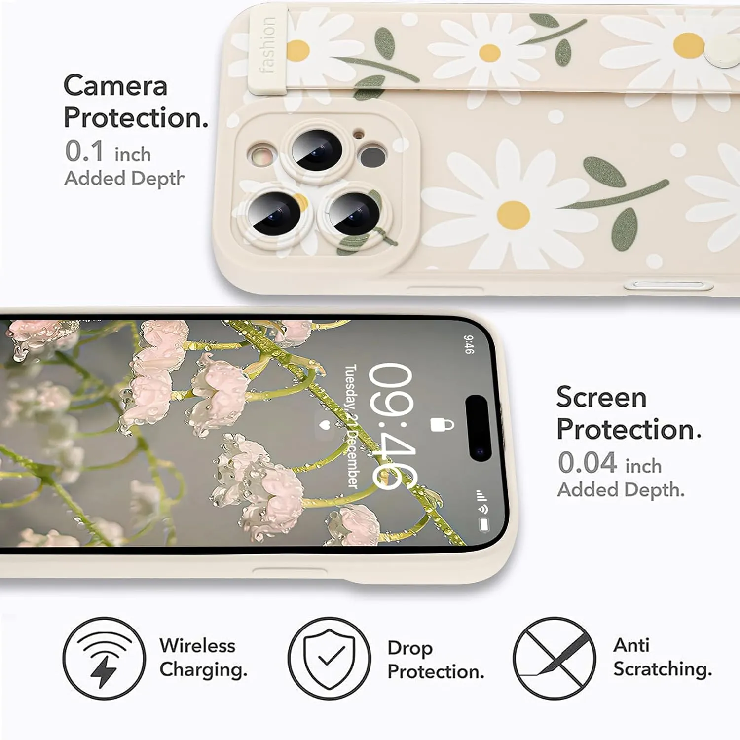 MOWIME Compatible with iPhone 16 Pro Max Case with Wrist Strap, Cute Daisy Floral Shockproof Soft TPU Protective Cover for Women Girls, Slim Anti Scratch Case for iPhone 16 Pro Max 6.9 Inch, White