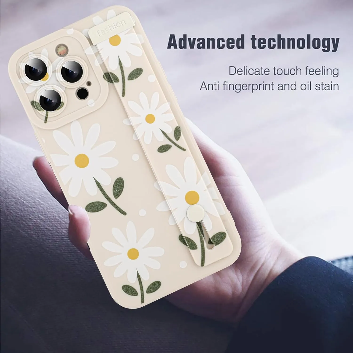 MOWIME Compatible with iPhone 16 Pro Max Case with Wrist Strap, Cute Daisy Floral Shockproof Soft TPU Protective Cover for Women Girls, Slim Anti Scratch Case for iPhone 16 Pro Max 6.9 Inch, White