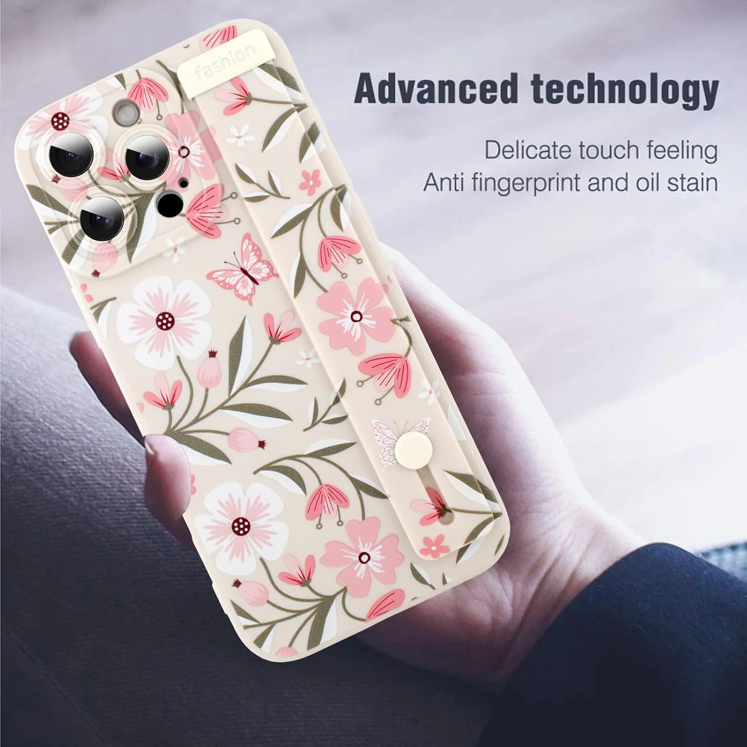 MOWIME Floral for iPhone 16 Pro Max Case with Wrist Strap, Flower Butterfly Design Shockproof Soft TPU Protective Cover Women Girls, Slim Anti Scratch Case for iPhone 16 Pro Max 6.9 Inch, White