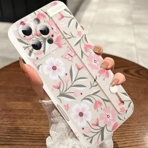 MOWIME Floral for iPhone 16 Pro Max Case with Wrist Strap, Flower Butterfly Design Shockproof Soft TPU Protective Cover Women Girls, Slim Anti Scratch Case for iPhone 16 Pro Max 6.9 Inch, White