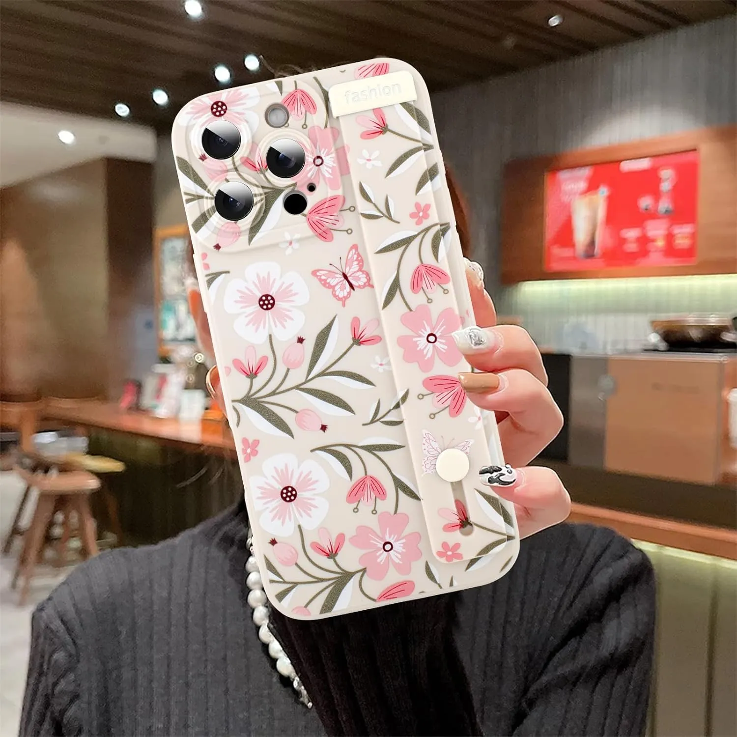 MOWIME Floral for iPhone 16 Pro Max Case with Wrist Strap, Flower Butterfly Design Shockproof Soft TPU Protective Cover Women Girls, Slim Anti Scratch Case for iPhone 16 Pro Max 6.9 Inch, White