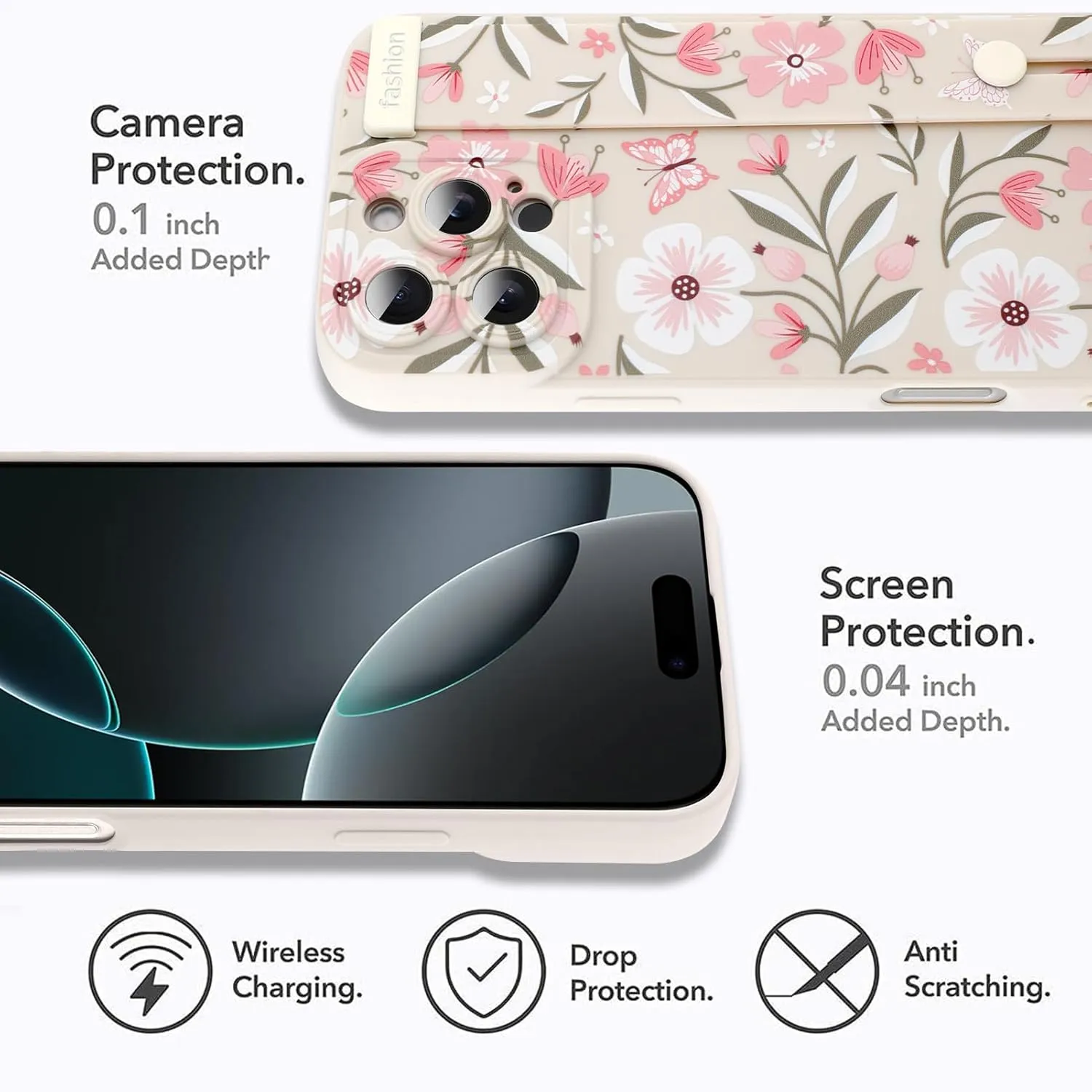 MOWIME Floral for iPhone 16 Pro Max Case with Wrist Strap, Flower Butterfly Design Shockproof Soft TPU Protective Cover Women Girls, Slim Anti Scratch Case for iPhone 16 Pro Max 6.9 Inch, White