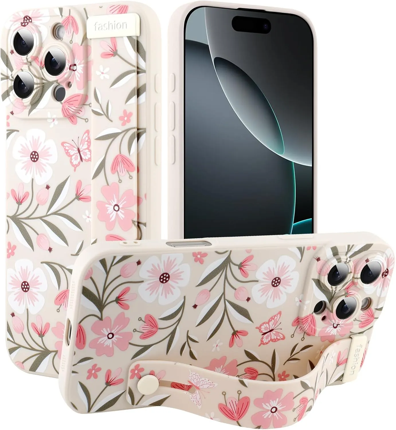 MOWIME Floral for iPhone 16 Pro Max Case with Wrist Strap, Flower Butterfly Design Shockproof Soft TPU Protective Cover Women Girls, Slim Anti Scratch Case for iPhone 16 Pro Max 6.9 Inch, White